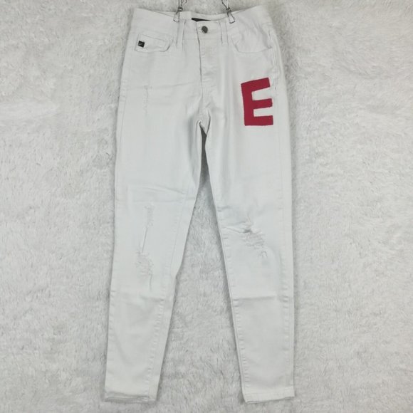 Kancan Womens Jeans Skinny Denim White Ripped Patched E Red Mid‎ Rise 26 - Picture 1 of 14